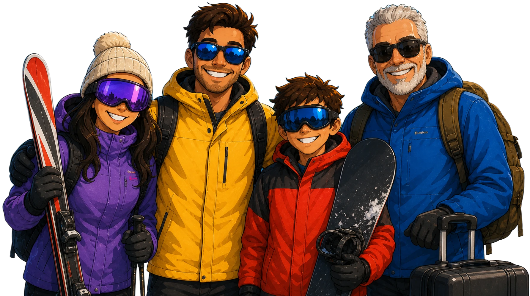 A family in ski gear, smiling