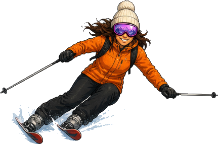 Skier in SnowGroup colours carving through powder